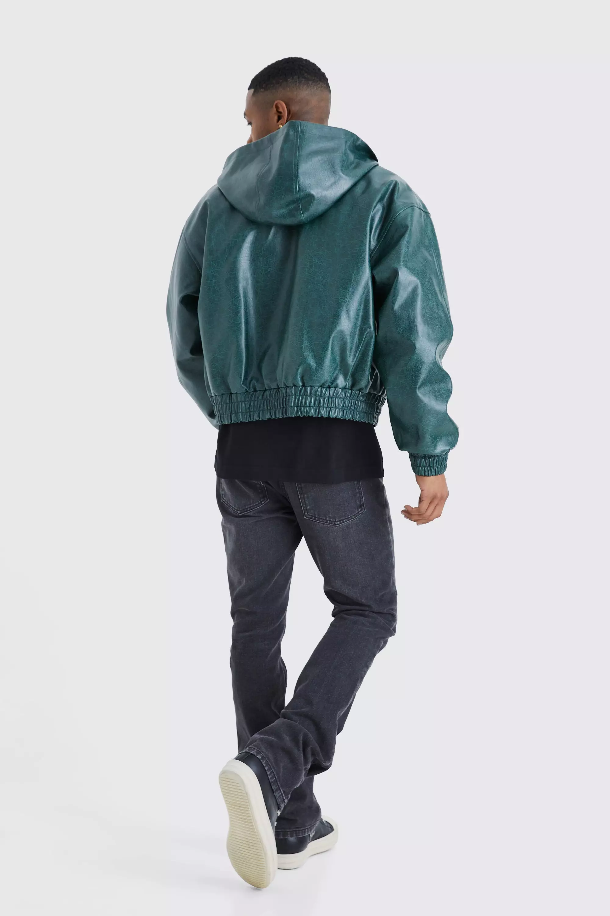 Boxy Cracked Pu Hooded Bomber | boohooMAN USA